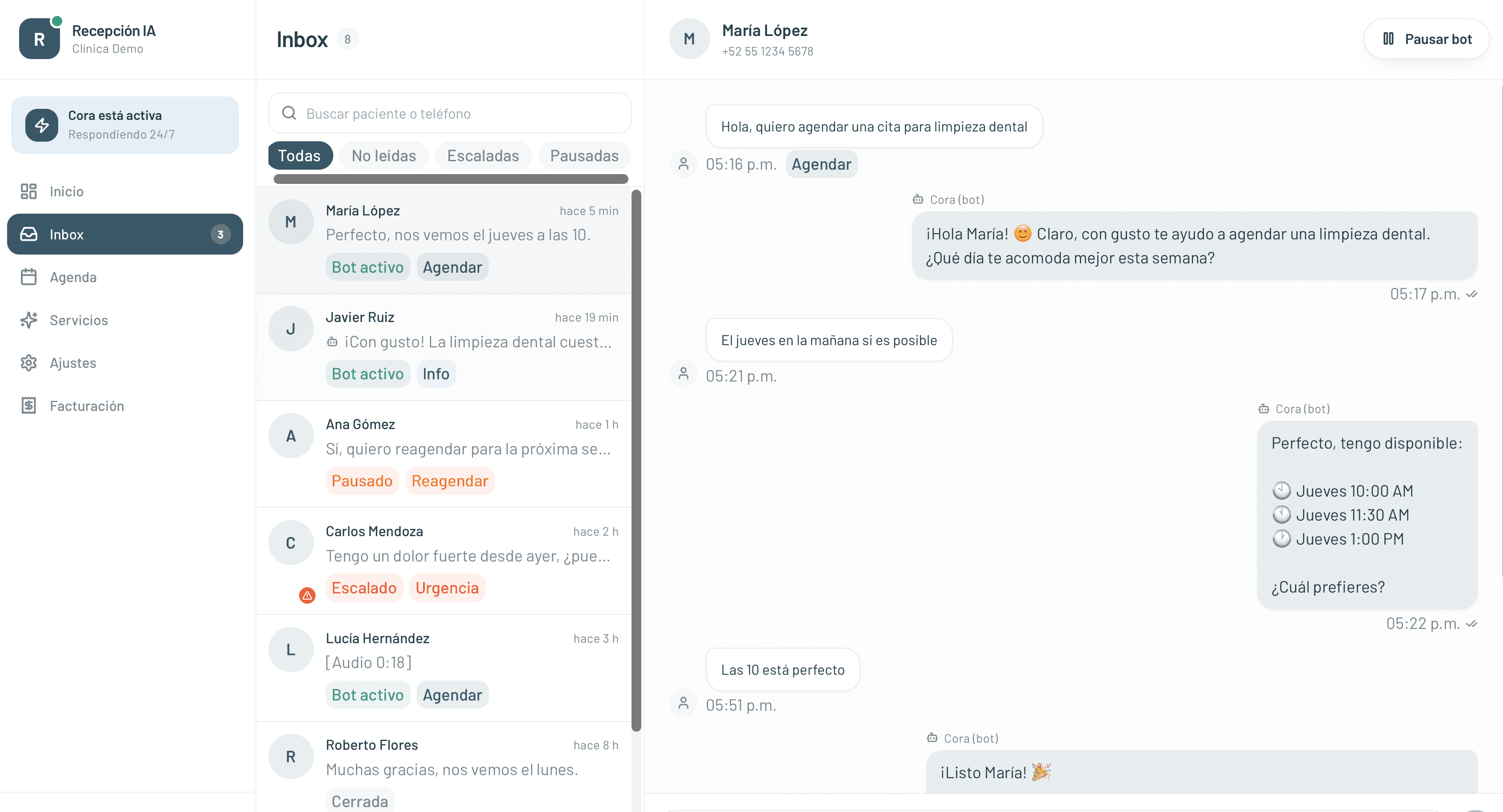 Inbox de conversaciones con Cora