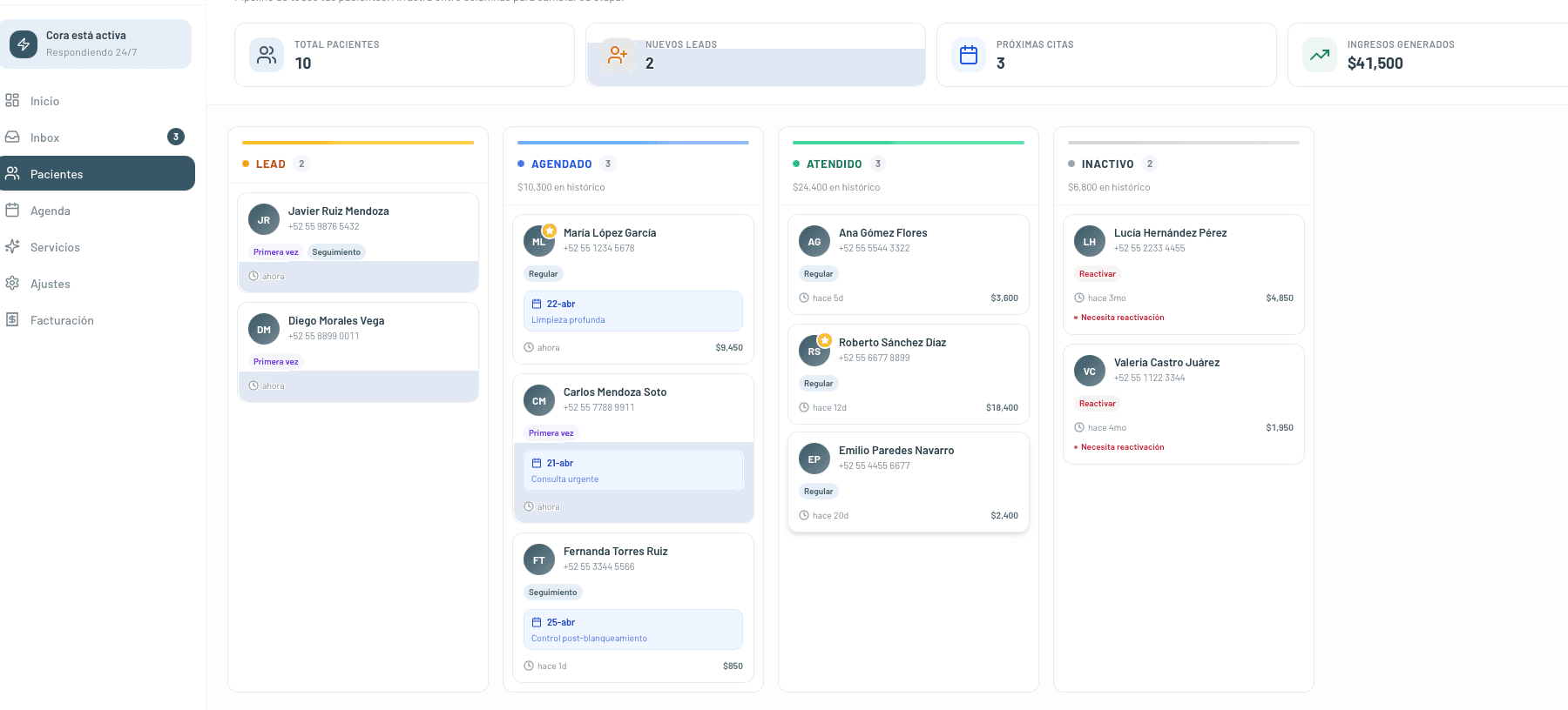 CRM de pacientes con pipeline visual