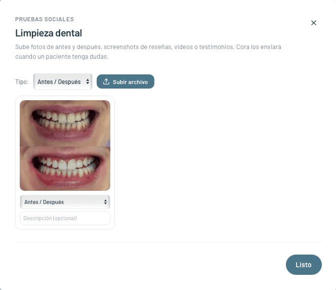 Subir antes/después, videos y reseñas desde el panel