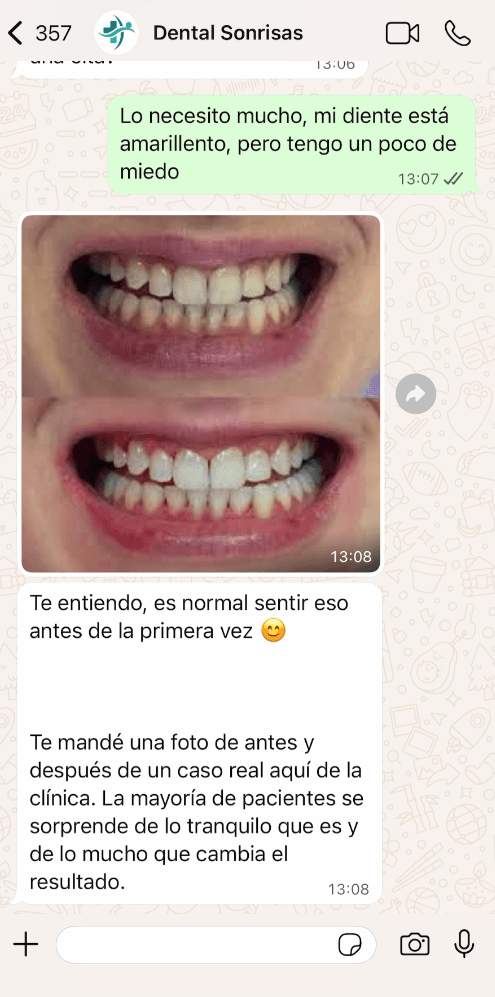Cora enviando una prueba social (antes y después) por WhatsApp